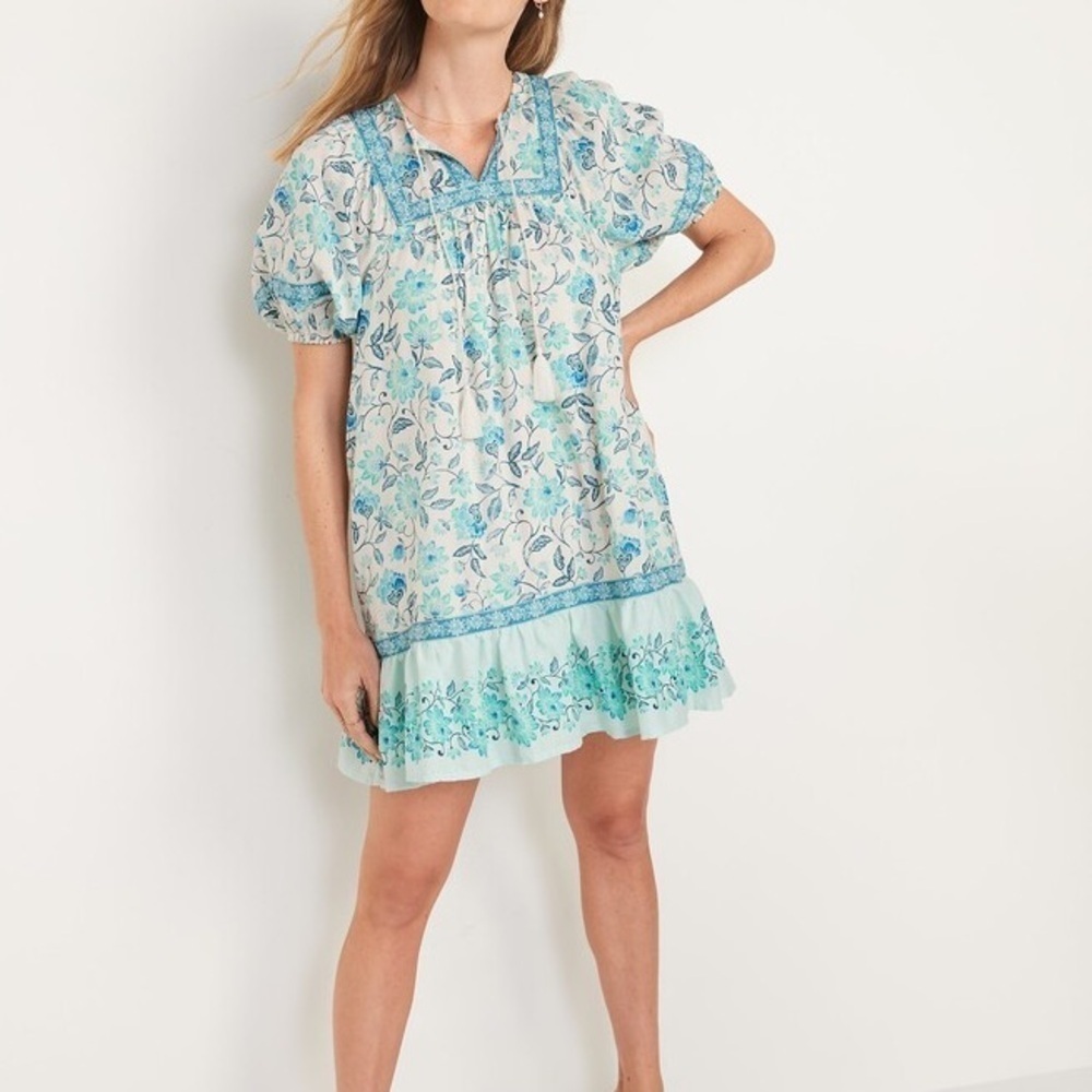 Boho Dress Blue and White Floral Bohemian Babydoll Fit Puff Sleeve Size Small